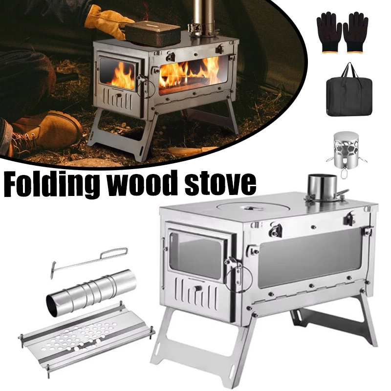 Outdoor Camping Oven - 430 ステンレス鋼ポータブルテントストーブ折りたたみ式サイドガラス煙突バーナーキャンプ薪ストーブ加熱調理グリル