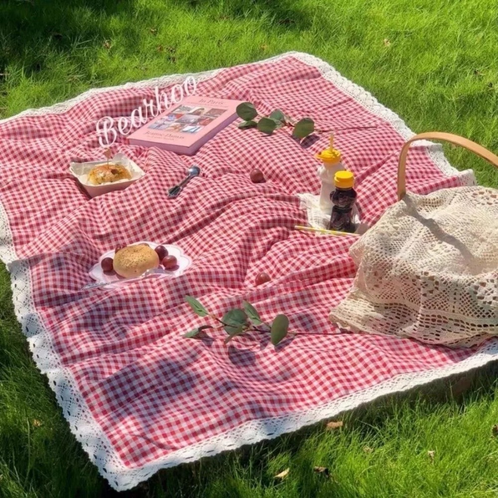 Outdoor Camping Mat - 1pc 屋外ピクニックマット、夏用厚手防水ビーチブランケット、レースレッドチェック柄キャンプマット、テーブルクロスマット