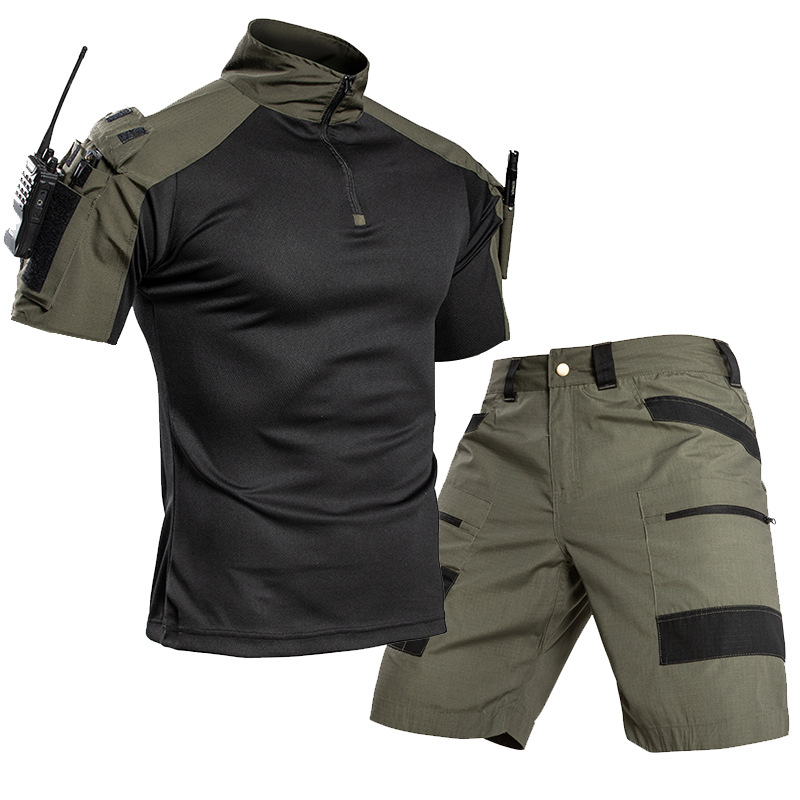 Outdoor Camping Set - メンズアウトドアクイックドライタクティカルTシャツセット ハーフジップTシャツ ショーツ マルチポケット ハイキング キャンプ